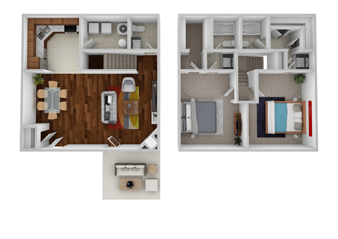Floor plan for 2 beds, 2.5 baths, 1280 sqft
