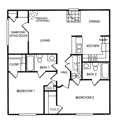 Floor plan for 2 beds, 2 baths, 1056 sqft
