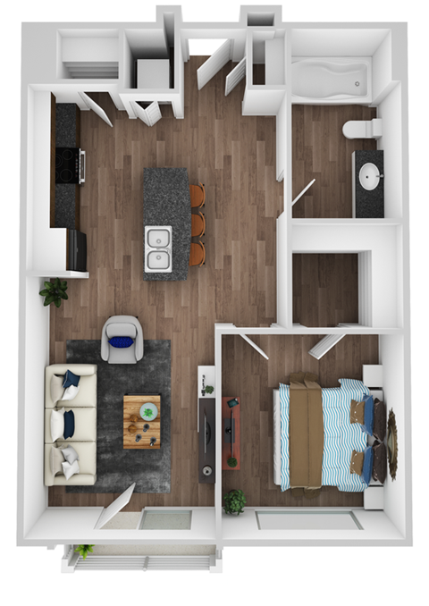 Floor plan for 1 bed, 1 bath, 670 sqft