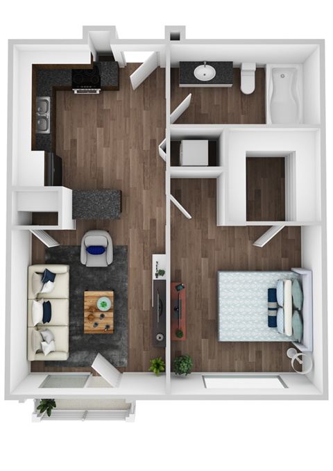 Floor plan for 1 bed, 1 bath, 596 sqft