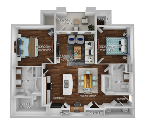 Floor plan for 2 beds, 2 baths, 1104 sqft