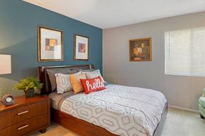 Houston apartment for rent - Model Bedroom with Bed and Nightstand Against Blue Accent Wall