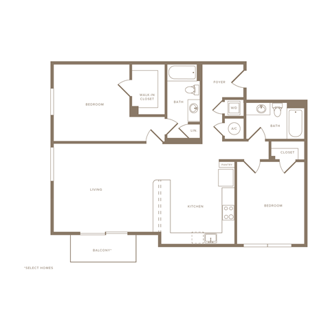 Floor plan for 2 beds, 2 baths, 1328 sqft