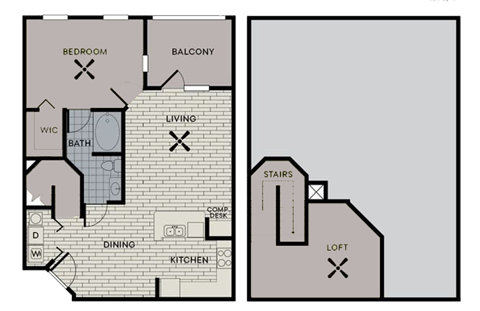 Floor plan for 1 bed, 1 bath, 939 sqft