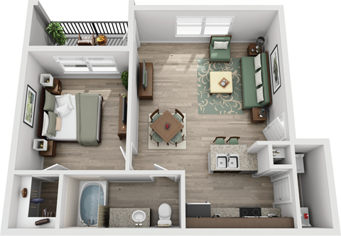 Floor plan for 1 bed, 1 bath, 652 sqft