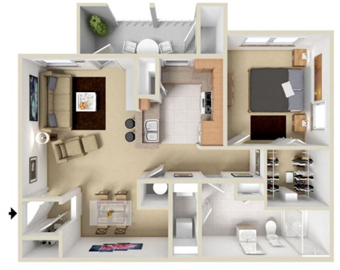 Floor plan for 1 bed, 1 bath, 766 sqft