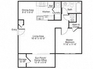 Floor plan for 1 bed, 1 bath, 742 sqft