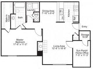 Floor plan for 1 bed, 1 bath, 917 sqft
