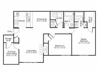 Floor plan for 2 beds, 2 baths, 1104 sqft