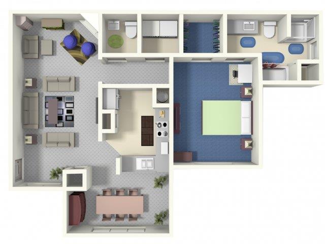 Floor plan for 1 bed, 1.5 baths, 994 sqft