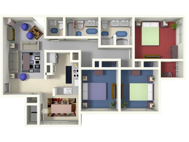 Floor plan for 3 beds, 2.5 baths, 1398 sqft