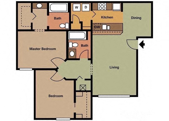 Floor plan for 2 beds, 2 baths, 1021 sqft