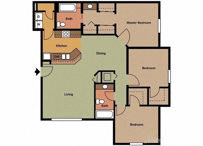 Floor plan for 3 beds, 2 baths, 1265 sqft