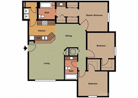 Floor plan for 3 beds, 2 baths, 1265 sqft