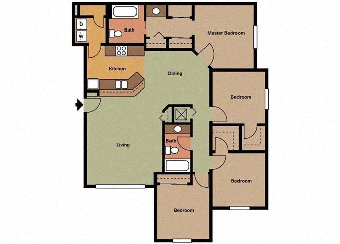 Floor plan for 4 beds, 2 baths, 1377 sqft