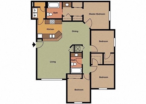 Floor plan for 4 beds, 2 baths, 1377 sqft