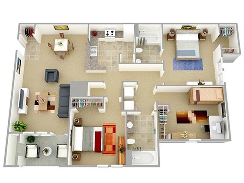 Floor plan for 3 beds, 2 baths, 1128 sqft