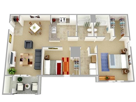Floor plan for 2 beds, 2 baths, 1128 sqft