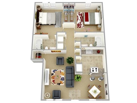 Floor plan for 2 beds, 2 baths, 988 sqft