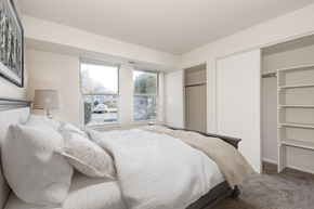 Waldorf apartment for rent - staged bedroom with carpeted flooring, window, and closet with built-in shelves
