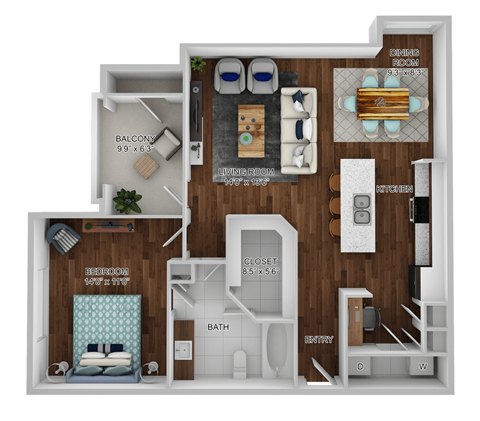 Floor plan for 1 bed, 1 bath, 826 sqft