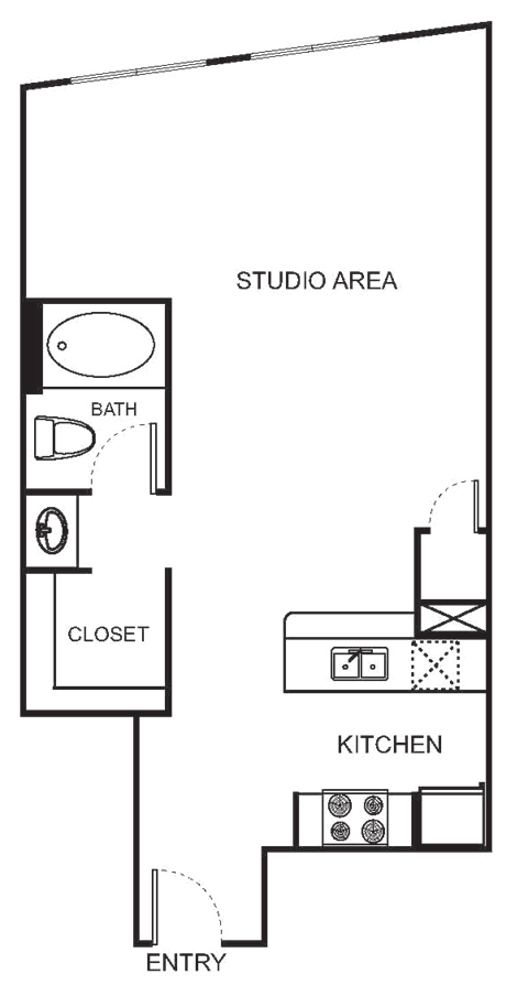 Floor plan for studio, 1 bath, 651 sqft
