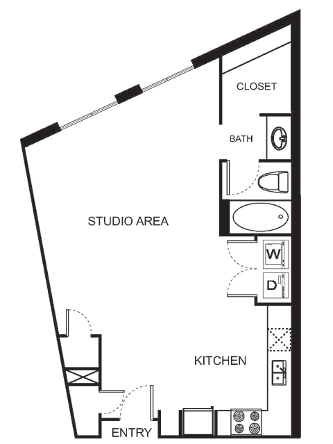Floor plan for studio, 1 bath, 634 sqft