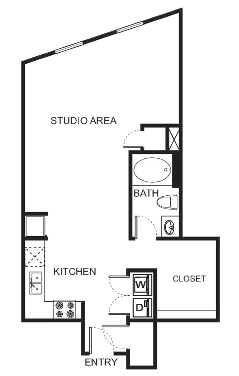 Floor plan for studio, 1 bath, 675 sqft