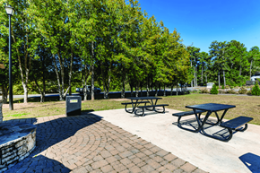 La Grange apartment for rent - A park with picnic tables and benches surrounded by trees.