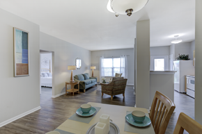 Indianapolis apartment for rent - A dining room with a table set for two.