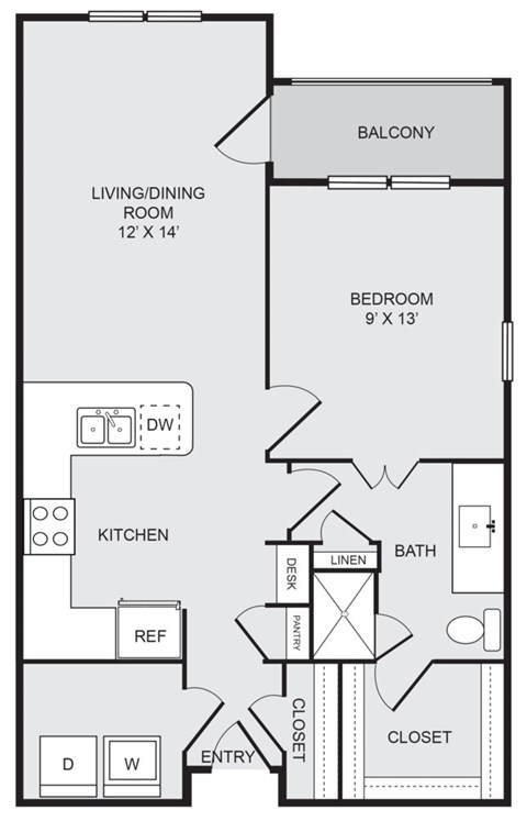 Floor plan for 1 bed, 1 bath, 750 sqft