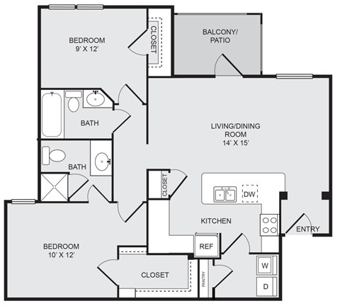 Floor plan for 2 beds, 2 baths, 975 sqft