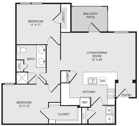 Floor plan for 2 beds, 1 bath, 975 sqft