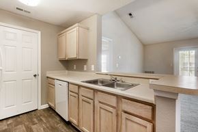 Brunswick apartment for rent - A kitchen with wooden cabinets and a white sink.