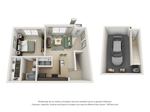 Floor plan for 1 bed, 1 bath, 743 sqft
