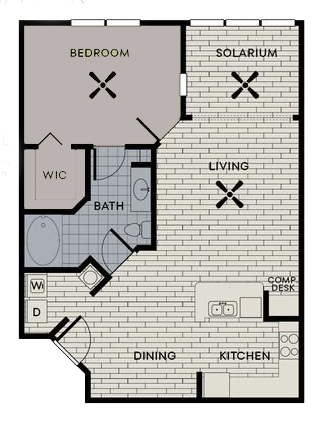 Floor plan for 1 bed, 1 bath, 879 sqft