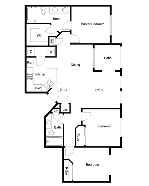 Floor plan for 3 beds, 2 baths, 1105 sqft