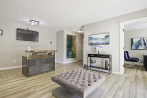 Wilmington apartment for rent - A living room with a grey tufted ottoman in the center.