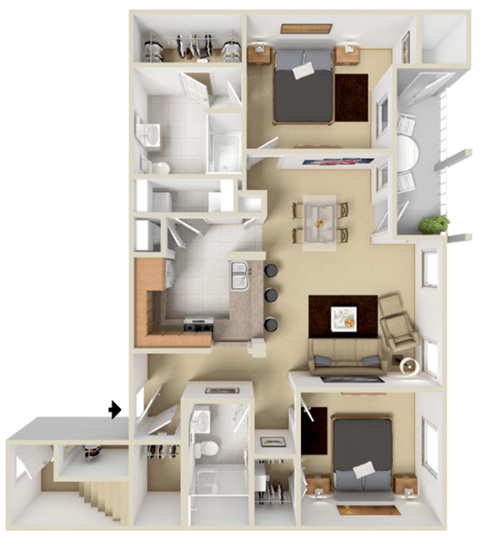 Floor plan for 2 beds, 2 baths, 1029 sqft