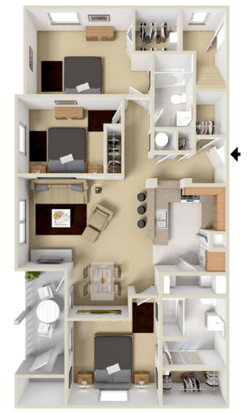 Floor plan for 3 beds, 2 baths, 1240 sqft
