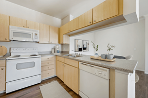 Parker apartment for rent - a kitchen with white appliances and wooden cabinets