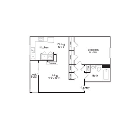 Floor plan for 1 bed, 1 bath, 700 sqft