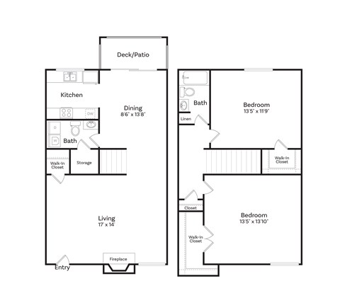 Floor plan for 2 beds, 1.5 baths, 1100 sqft