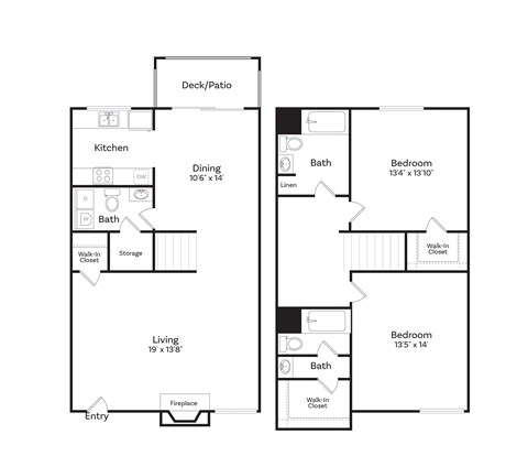 Floor plan for 2 beds, 2 baths, 1200 sqft