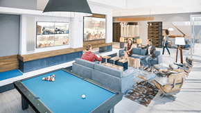 Denver apartment for rent - A group of people are gathered in a room with a pool table.
