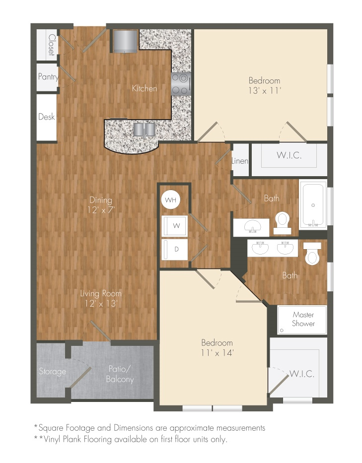 Floor plan for 2 beds, 2 baths, 1151 sqft