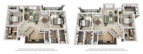 Floor plan for 2 beds, 2 baths, 1136 sqft