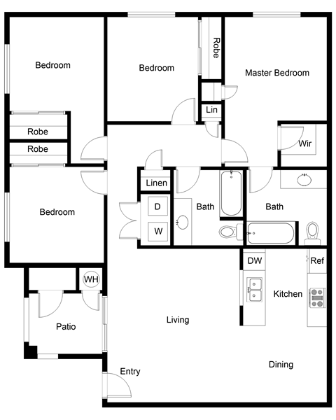 Floor plan for 4 beds, 2 baths, 1220 sqft