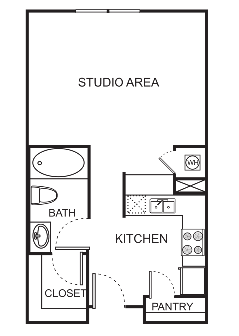 Floor plan for studio, 1 bath, 490 sqft