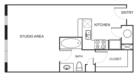 Floor plan for studio, 1 bath, 715 sqft